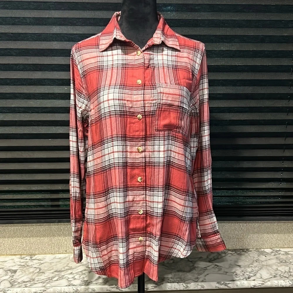 C‎ & C California Women’s Button Front Red Plaid LS Flannel Size Small NWT